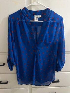 Francesca's Royal Blue Blouse with Red Polka Dots